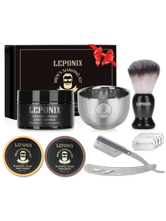 Straight Razor Shaving Kit, Includes 2 Packs Shaving Soap, Straight Edge Razor, Shaving Cream, Shaving Brush and Shaving Bowl Shaving Unique Gifts Set Stocking Stuffers for Men Him (Sweat Orange)