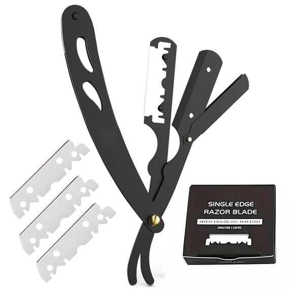 Straight Razor for Men,Stainless Steel Beard Shaping Tool with Blades,Professional Barber Single Edge Razor Kit,Black