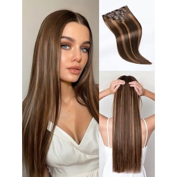 Straight Seamless 14inch 110g 7 count Clip in Hair Extensions Full Max Remy Human Hair Extensions, Highlight Color  Real Soft