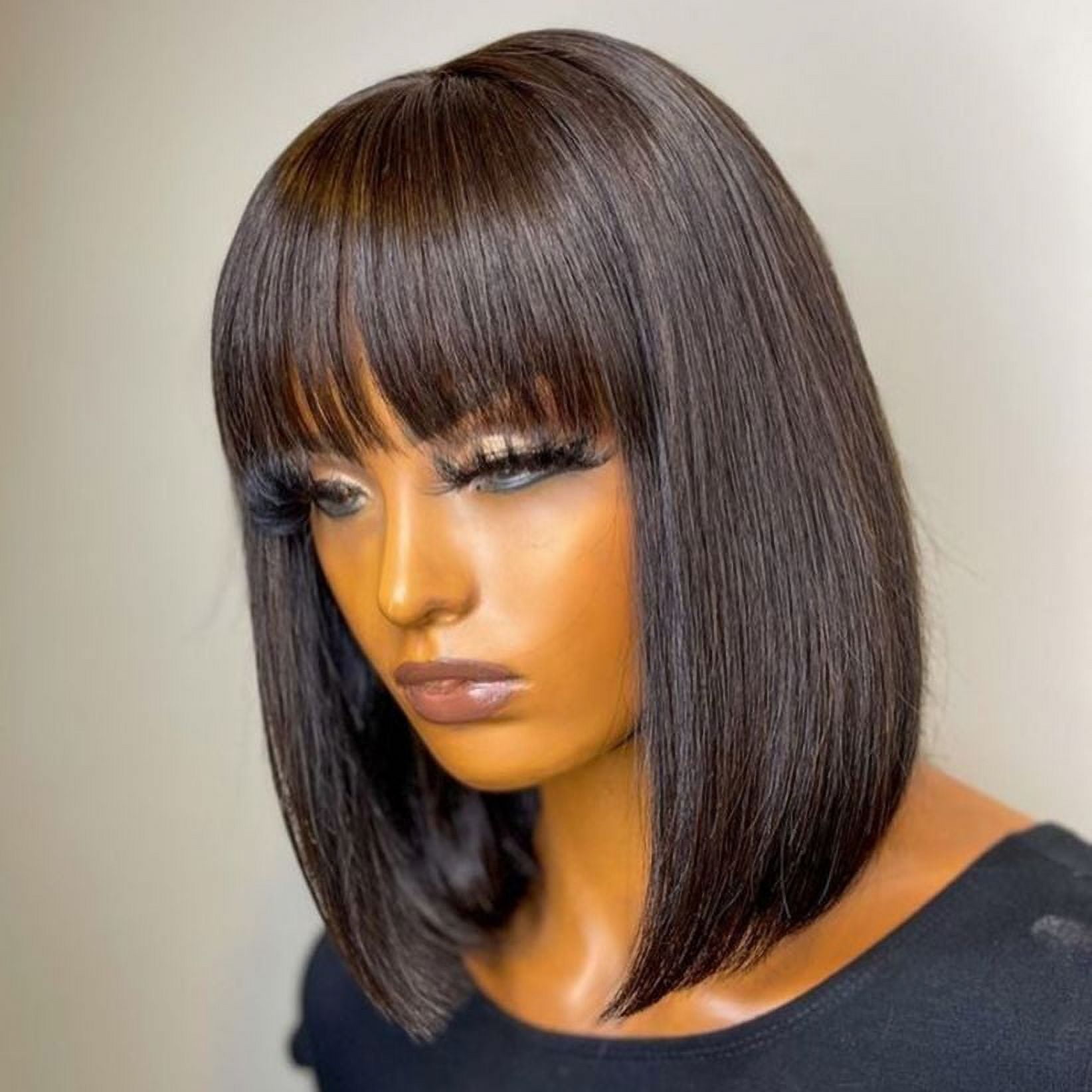 Straight Short Bob Wig with Bangs Brazilian Human Hair Wigs None Lace Wigs Machine Made Short Straight Bob Wigs for Women 150% Density