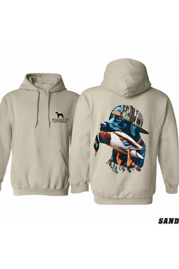 Straight Up Southern . Bold Black Hunting Dog with Duck Graphic. Perfect for Outdoorsmen and Waterfowl Hunters. for Adventure and Style Unisex Comfort Hoodie, Color: Sand, Size: S