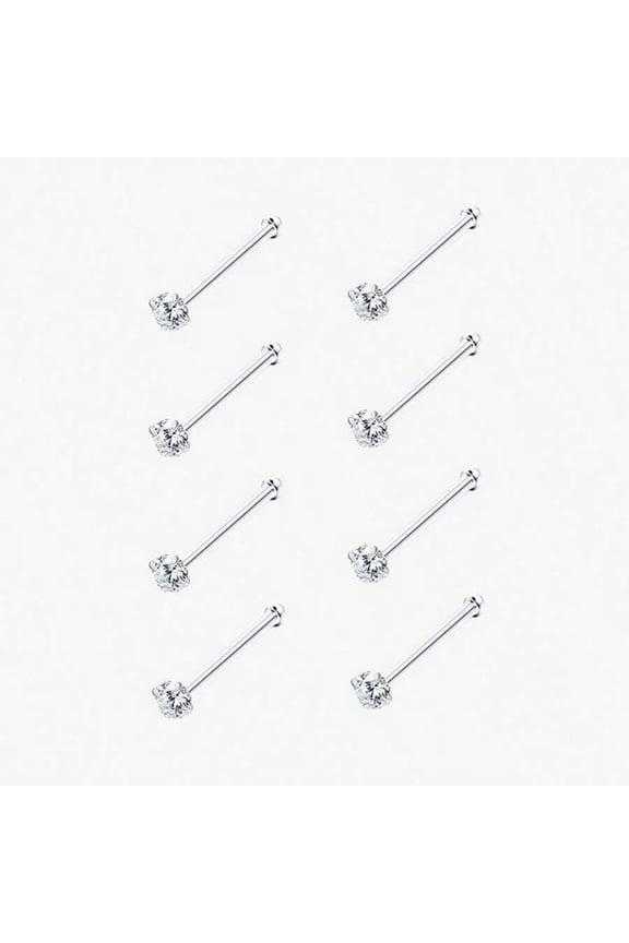 Straight Style Cubic Zirconia Nose Studs 8-Pack Silver-Tone Straight Bar Piercing Jewelry