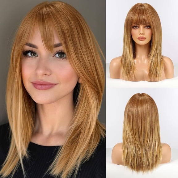 Straight Synthetic Wig with Bangs for Women, Easy Styling, Party and Costume Styling, Synthetic Fiber Construction, designed as a wearable hair styling piece for party and costume styling