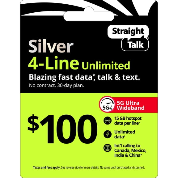 Straight Talk $100 Silver 4-Line Unlimited 30-Day Prepaid Plan + 15 GB Hotspot Data + Int'l Calling e-PIN Top Up (Email Delivery)
