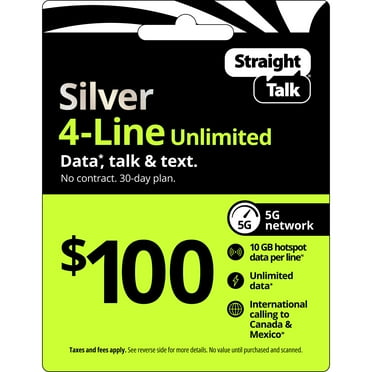 Straight Talk $100 Silver 4-Line Unlimited 30-Day Prepaid Plan + 10 GB Hotspot Data + Int'l Calling e-PIN Top Up (Email Delivery)