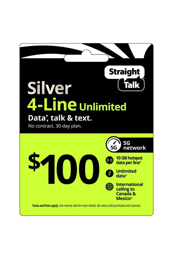 $100 Silver 4-Line Unlimited 30-Day Prepaid Plan + 10 GB Hotspot Data + Int'l Calling e-PIN Top Up (Email Delivery)