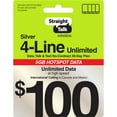 Straight Talk 100 Silver 4Line Unlimited 30Day Prepaid Plan + 5GB