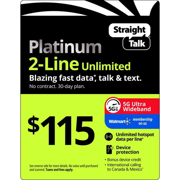 Straight Talk $115 Platinum 2-Line Unlimited 30-Day Prepaid Plan, Device Protect, Unlimited Hotspot Data, 100GB Cloud Storage & Int'l Calling e-PIN Top Up (Email Delivery)
