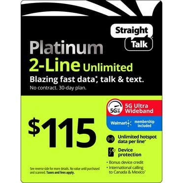 Straight Talk $115 Platinum 2-Line Unlimited 30-Day Prepaid Plan, Device Protect, Unlimited Hotspot Data, 100GB Cloud Storage & Int'l Calling e-PIN Top Up (Email Delivery)