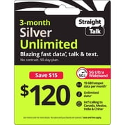 Straight Talk $120 Extended Silver Unlimited 90-Day Prepaid Plan + 15 GB Hotspot Data + Int'l Calling e-PIN Top Up (Email Delivery)