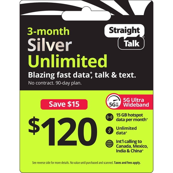 Straight Talk $120 Extended Silver Unlimited 90-Day Prepaid Plan + 15 GB Hotspot Data + Int'l Calling e-PIN Top Up (Email Delivery)