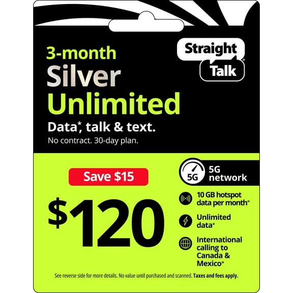 Straight Talk $120 Silver Unlimited 90-Day Prepaid Plan + 10 GB Hotspot Data + Int'l Calling e-PIN Top Up (Email Delivery)