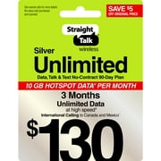 Straight Talk $130 Silver Unlimited Talk, Text & Data 90-Day Prepaid Plan + 10GB Hotspot Data + Int'l Calling Direct Top Up