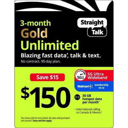 Straight Talk $150 Extended Gold Unlimited 90-Day Prepaid Plan + 30 GB Hotspot Data + Int'l Calling e-PIN Top Up (Email Delivery)