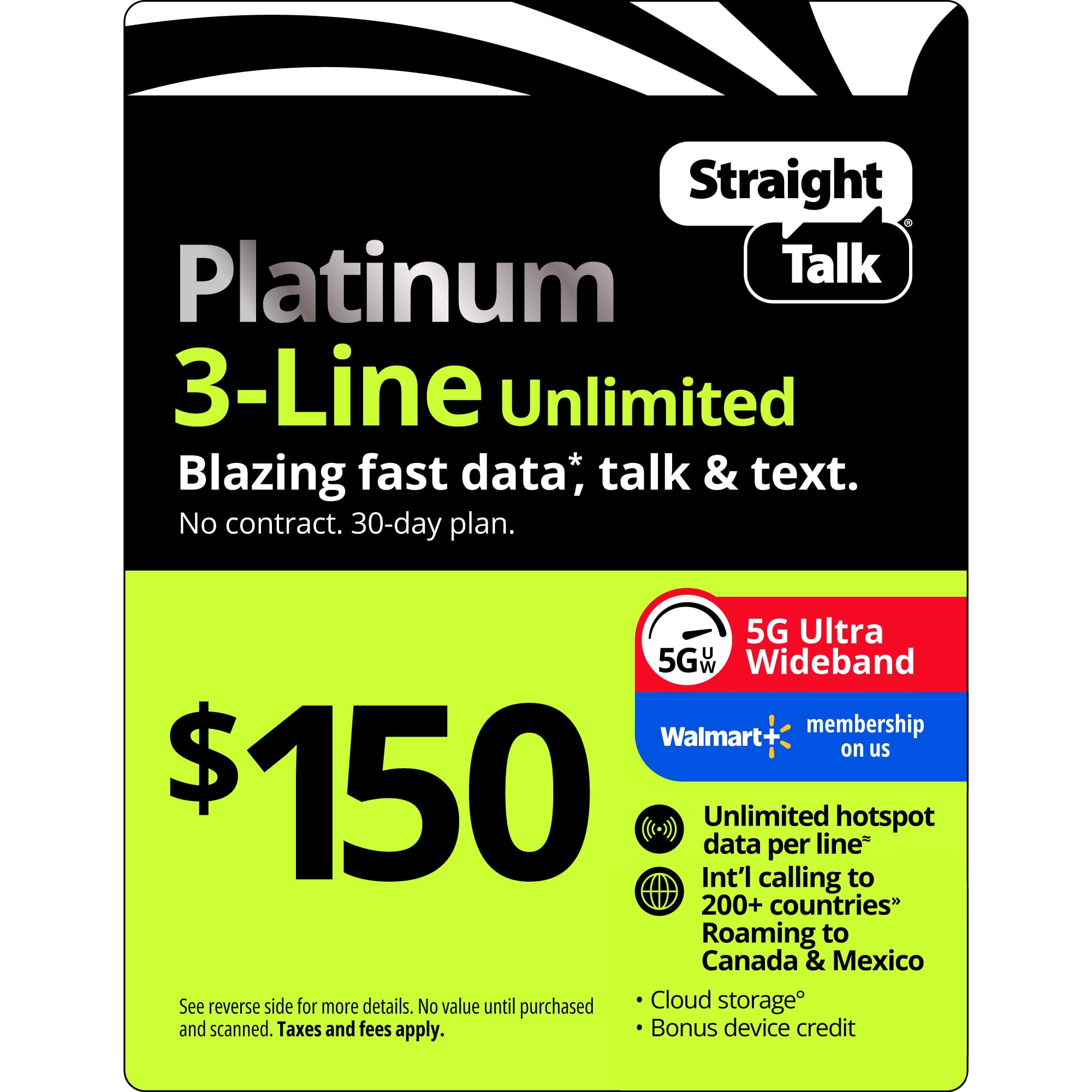 Straight Talk $150 Platinum 3-Line Unlimited 30-Day Prepaid Plan + Unlimited Hotspot data + Int'l Calling + Cloud Storage e-PIN Top Up (Email Delivery)