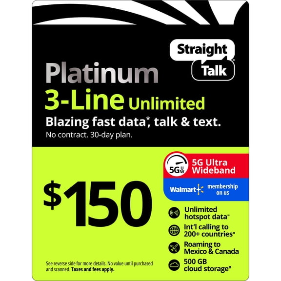Straight Talk $150 Platinum 3-Line Unlimited 30-Day Prepaid Plan + Unlimited Hotspot data + Int'l Calling + Cloud Storage e-PIN Top Up (Email Delivery)