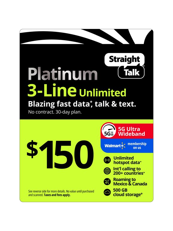 $150 Platinum 3-Line Unlimited 30-Day Prepaid Plan + Unlimited Hotspot data + Int'l Calling + Cloud Storage e-PIN Top Up (Email Delivery)