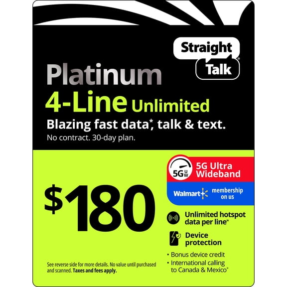 Straight Talk $180 Platinum 4-Line Unlimited 30-Day Prepaid Plan, Device Protect, Unlimited Hotspot Data, 100GB Cloud Storage & Int'l Calling e-PIN Top Up (Email Delivery)
