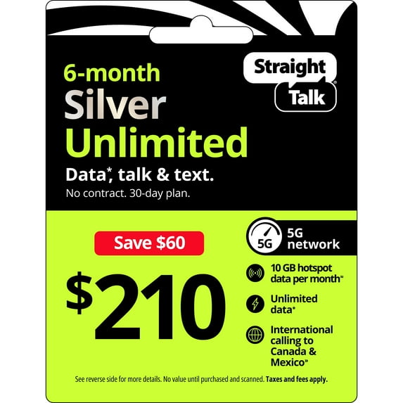 Straight Talk $210 Silver Unlimited Talk, Text & Data 180-Day Prepaid Plan + 10 GB Hotspot Data + Int'l Calling Direct Top Up