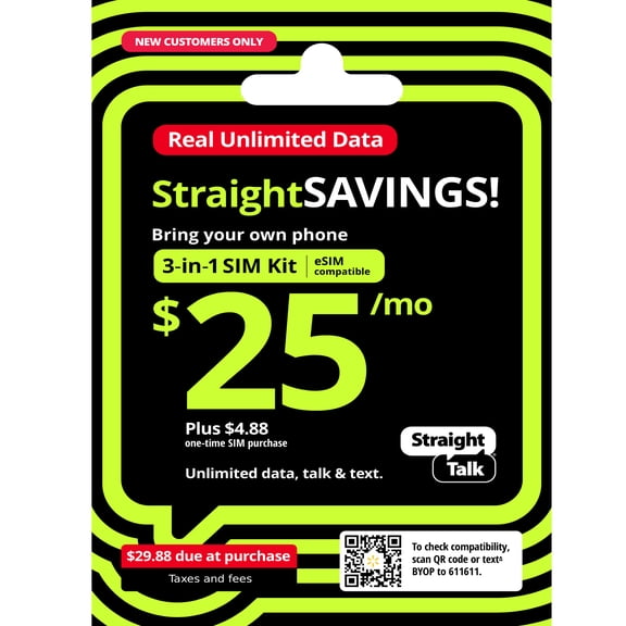 Straight Talk $25 StraightSAVINGS Bring Your Own Phone Mini SIM Kit - Prepaid Smartphone