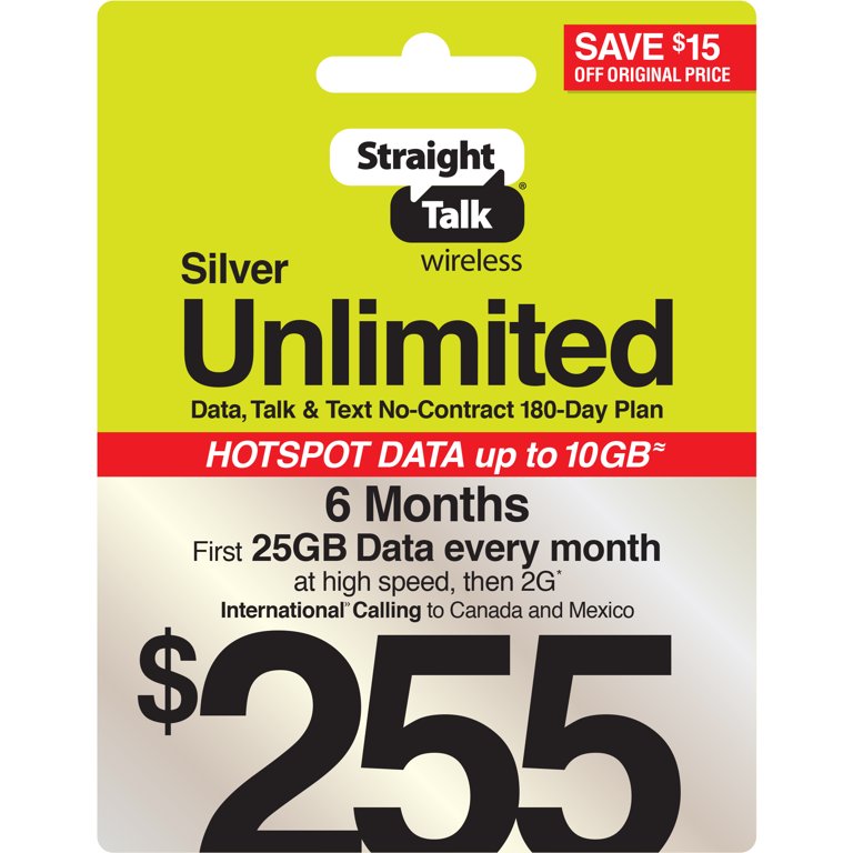 Straight Talk $255 Silver Unlimited Talk, Text & Data 180-Day Prepaid Plan  + 5GB Hotspot Data + Int'l Calling Direct Top Up