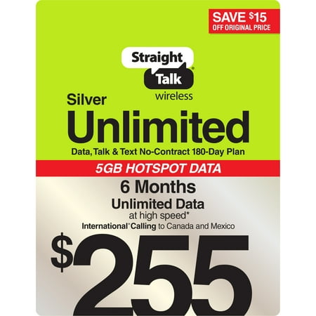 Straight Talk $255 Silver Unlimited Talk, Text & Data 180-Day Prepaid Plan + 5GB Hotspot Data + Int'l Calling e-PIN Top Up (Email Delivery)
