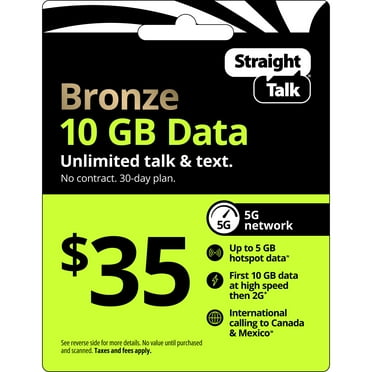 Straight Talk $35 Bronze 10 GB 30-Day Prepaid Plan (10 GB of data at high speeds) with 5 GB Data Hotspot Enabled + Int'l Calling Direct Top Up