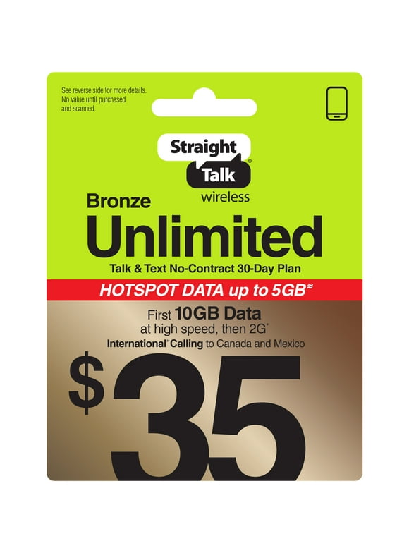 Straight Talk $35 Bronze Unlimited Talk & Text 30-Day Prepaid Plan (10GB of data at high speeds then 2G*) with 5GB Data Hotspot Enabled + Int'l Calling Direct Top Up
