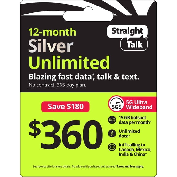 Straight Talk $360 Extended Silver Unlimited Talk, Text & Data 1-Year Prepaid Plan + 15 GB Hotspot Data + Int'l Calling Direct Top Up