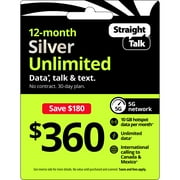 Straight Talk $360 Silver Unlimited Talk, Text & Data 1-Year Prepaid Plan + 10 GB Hotspot Data + Int'l Calling Direct Top Up
