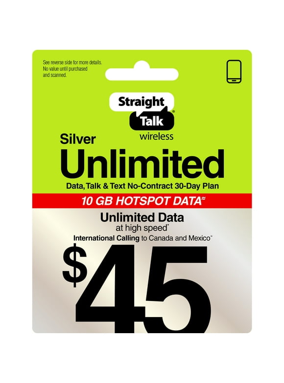 Straight Talk $45 Silver Unlimited 30-Day Prepaid Plan + 10GB Hotspot Data + Int'l Calling Direct Top Up