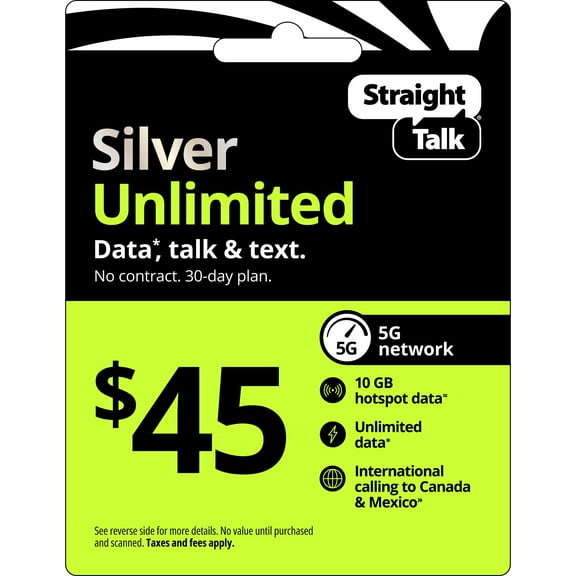 Straight Talk $45 Silver Unlimited 30-Day Prepaid Plan + 10GB Hotspot Data + Int'l Calling Direct Top Up