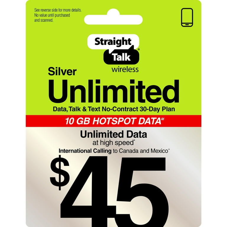 Straight Talk $45 Silver Unlimited 30-Day Prepaid Plan +10GB Hotspot Data +  Int\'l Calling e-PIN Top Up (Email Delivery)