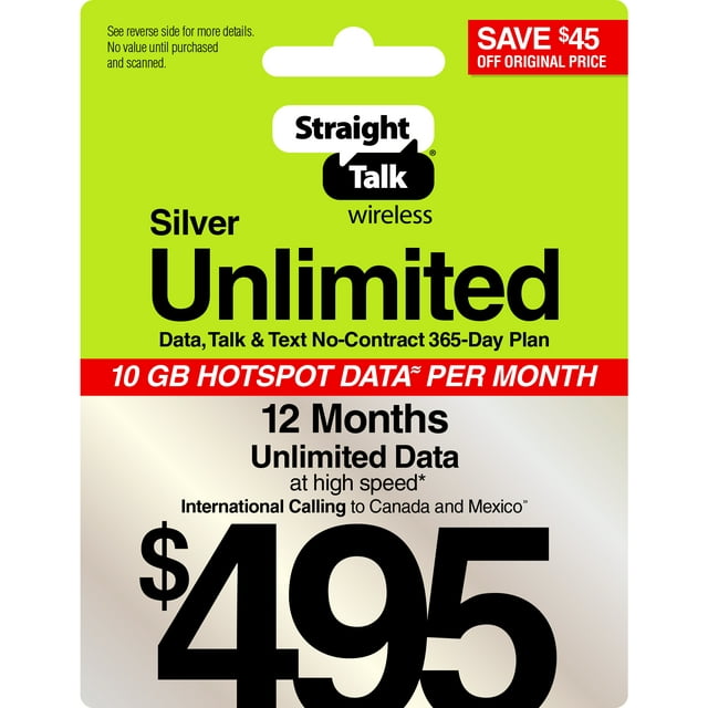 Straight Talk $495 Silver Unlimited Talk, Text & Data 1-Year Prepaid Plan + 10GB Hotspot Data + Int'l Calling Direct Top Up