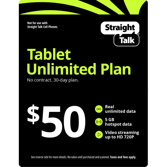 Straight Talk $50 Tablet Unlimited 30-Day Prepaid Plan + 5GB Hotspot Data e-PIN Top Up (Email Delivery)