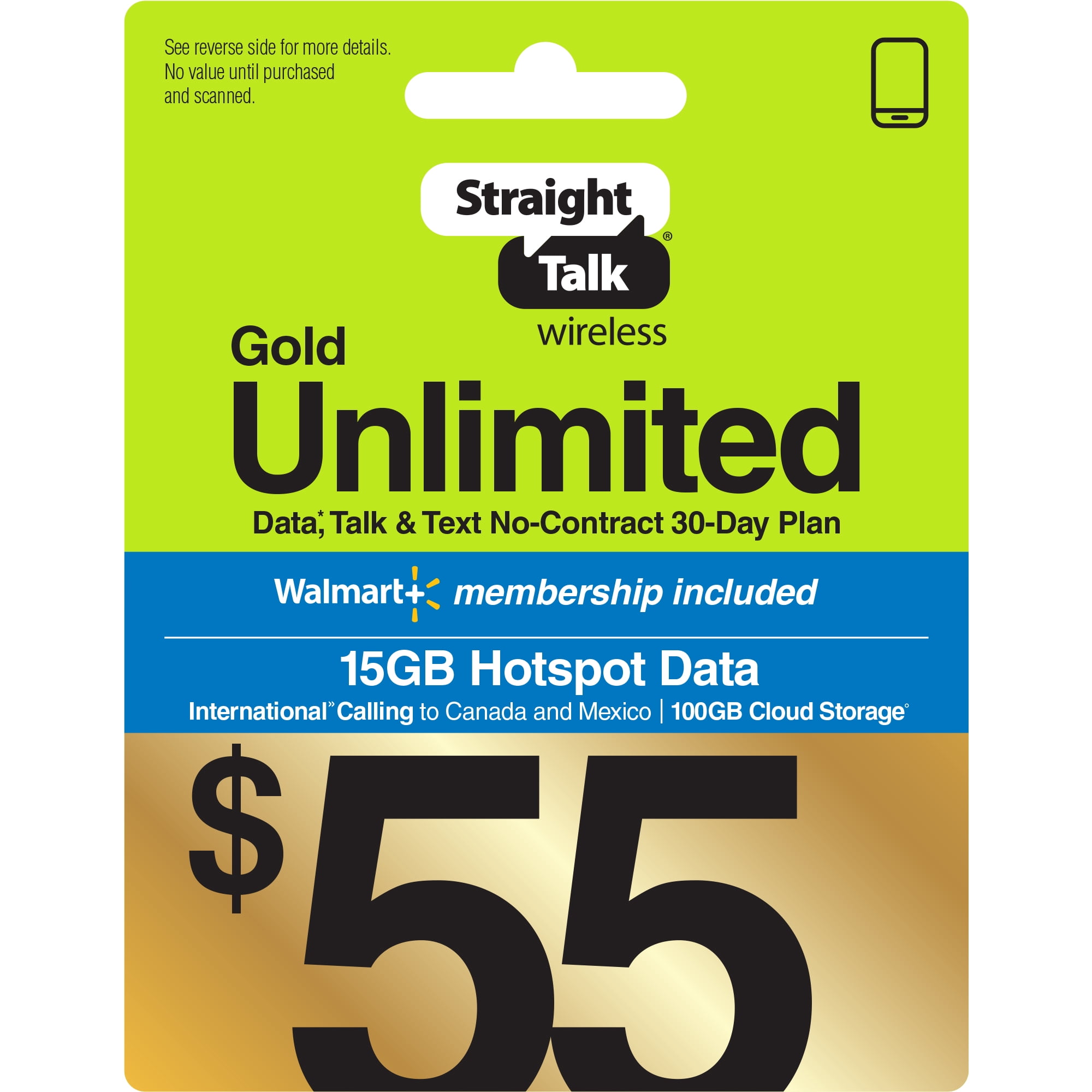 Straight Talk $55 Gold Unlimited 30-Day Prepaid Plan, 15GB Hotspot Data,  100GB Cloud Storage & Int'l Calling e-PIN Top Up (Email Delivery)