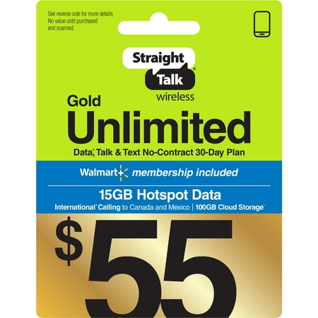 Straight Talk $55 Gold Unlimited 30-Day Prepaid Plan, 15GB Hotspot Data, 100GB Cloud Storage & Int'l Calling e-PIN Top Up (Email Delivery)
