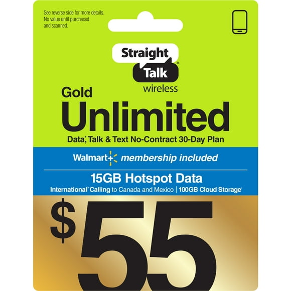 Straight Talk $55 Gold Unlimited Talk, Text & Data 30-Day Prepaid Plan + 15GB Hotspot Data + Cloud Storage & Int'l Calling Direct Top Up