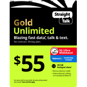 Straight Talk $55 Gold Unlimited Talk, Text & Data 30-Day Prepaid Plan + 30 GB Hotspot Data + Cloud Storage & Int'l Calling e-PIN Top Up (Email Delivery)