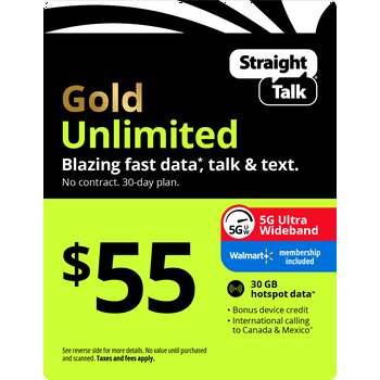 Straight Talk $55 Gold Unlimited Talk, Text & Data 30-Day Prepaid Plan + 30 GB Hotspot Data + Cloud Storage & Int'l Calling Direct Top Up