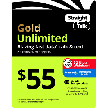 Straight Talk $55 Gold Unlimited Talk, Text & Data 30-Day Prepaid Plan + 30 GB Hotspot Data + Cloud Storage & Int'l Calling Direct Top Up