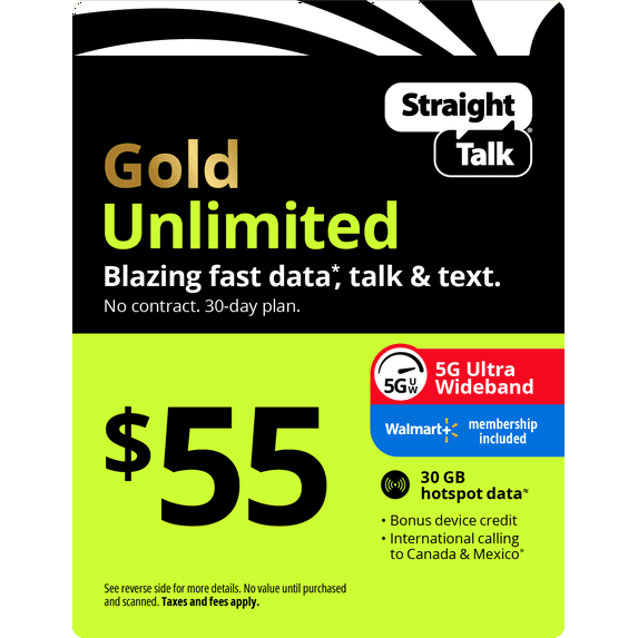 Straight Talk $55 Gold Unlimited Talk, Text & Data 30-Day Prepaid Plan + 30 GB Hotspot Data + Cloud Storage & Int'l Calling Direct Top Up