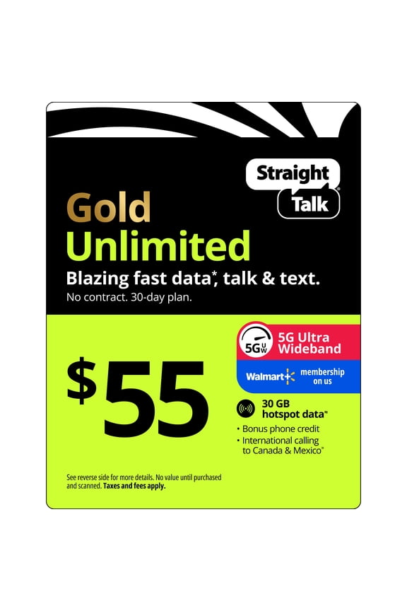 $55 Gold Unlimited Talk, Text & Data 30-Day Single Line Prepaid Plan + 30 GB Hotspot Data + Cloud Storage & Int'l Calling Direct Top Up