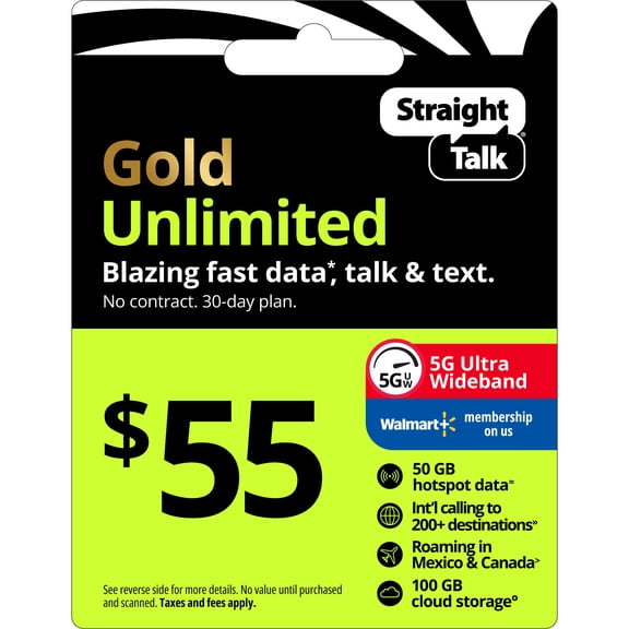 Straight Talk $55 Gold Unlimited Talk, Text & Data 30-Day Single Line Prepaid Plan + 30 GB Hotspot Data + Cloud Storage & Int'l Calling e-PIN Top Up (Email Delivery)