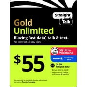Straight Talk $55 Gold Unlimited Talk, Text & Data 30-Day Single Line Prepaid Plan + 30 GB Hotspot Data + Cloud Storage & Int'l Calling e-PIN Top Up (Email Delivery)