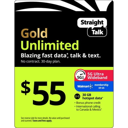 Straight Talk $55 Gold Unlimited Talk, Text & Data 30-Day Single Line Prepaid Plan + 30 GB Hotspot Data + Cloud Storage & Int'l Calling e-PIN Top Up (Email Delivery)