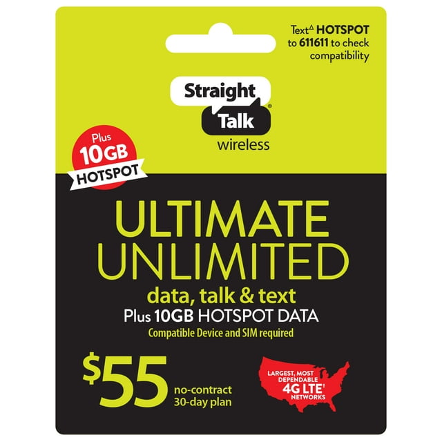 Straight Talk $55 Ultimate Unlimited, Unlimited Data, 10GB Hotspot, 30-Days - Prepaid Data Plan