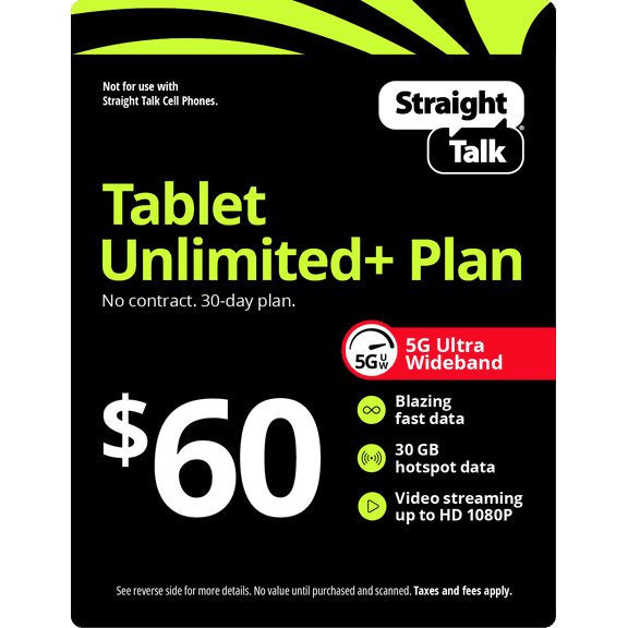Straight Talk $60 Tablet Unlimited+ 30-Day Prepaid Plan + 30GB Hotspot Data e-PIN Top Up (Email Delivery)