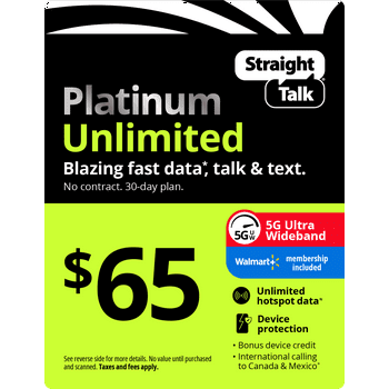 Straight Talk $65 Platinum Unlimited + Device Protect 30-Day Prepaid Plan + Unlimited Hotspot data + Int'l Calling Direct Top Up