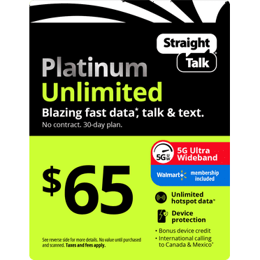 Straight Talk $65 Platinum Unlimited + Device Protect 30-Day Prepaid Plan + Unlimited Hotspot data + Int'l Calling Direct Top Up